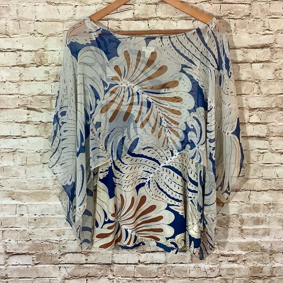 Anthropologie Tiny Sheer Layered Blue and Cream Floral Top Large - Picture 2 of 5